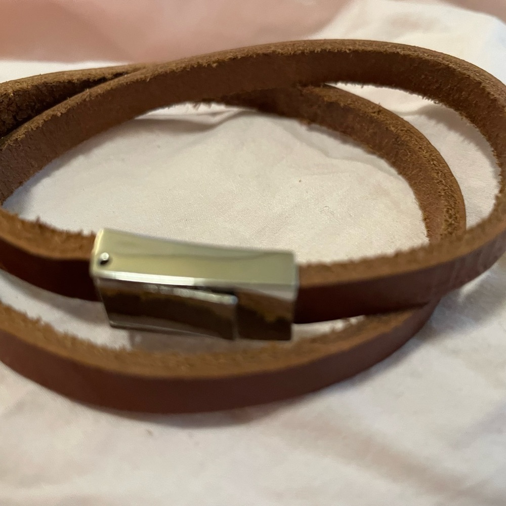 Vegan leather double wrap bracelet w/silver tone clasp